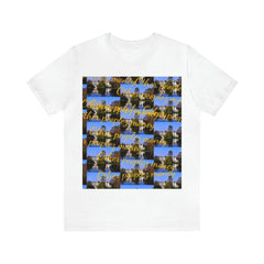White unisex t-shirt with urban collage graphic and yellow 'Other people’s money' text print
