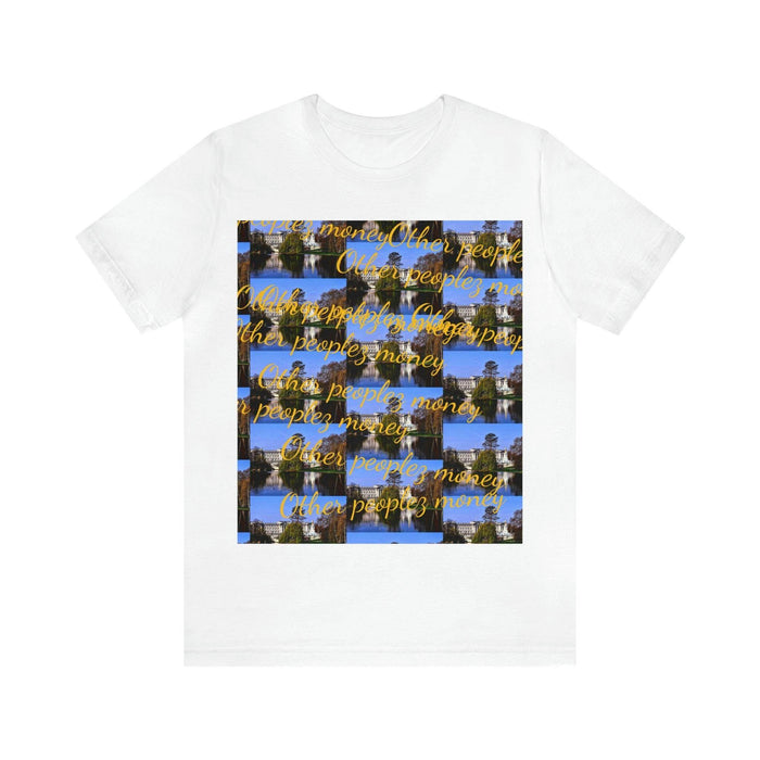 White unisex t-shirt with urban collage graphic and yellow 'Other people’s money' text print