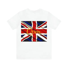 White short sleeve t-shirt with large Union Jack flag and yellow 'Opm' text on back