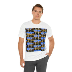 Man wearing white graphic streetwear t-shirt with bold urban print and text design