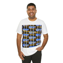Man wearing white streetwear t-shirt with graphic text print, urban fashion style