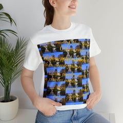 White unisex short sleeve tee with colorful graphic and 'Other peoplez money' script text