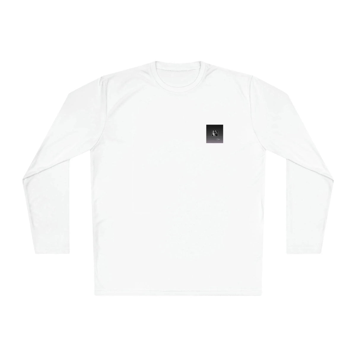 Unisex white lightweight long sleeve tee with small black chest logo, urban streetwear style