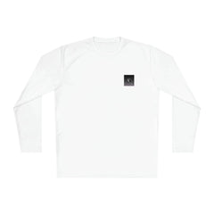 Unisex white lightweight long sleeve tee with small black chest logo, urban streetwear style