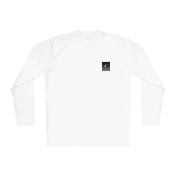 Unisex white lightweight long sleeve tee with small black chest logo, urban streetwear style