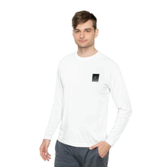 Unisex white lightweight long sleeve tee with black square chest logo, worn by model