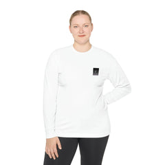 Unisex white long sleeve tee with small black chest logo, worn by person in studio setting