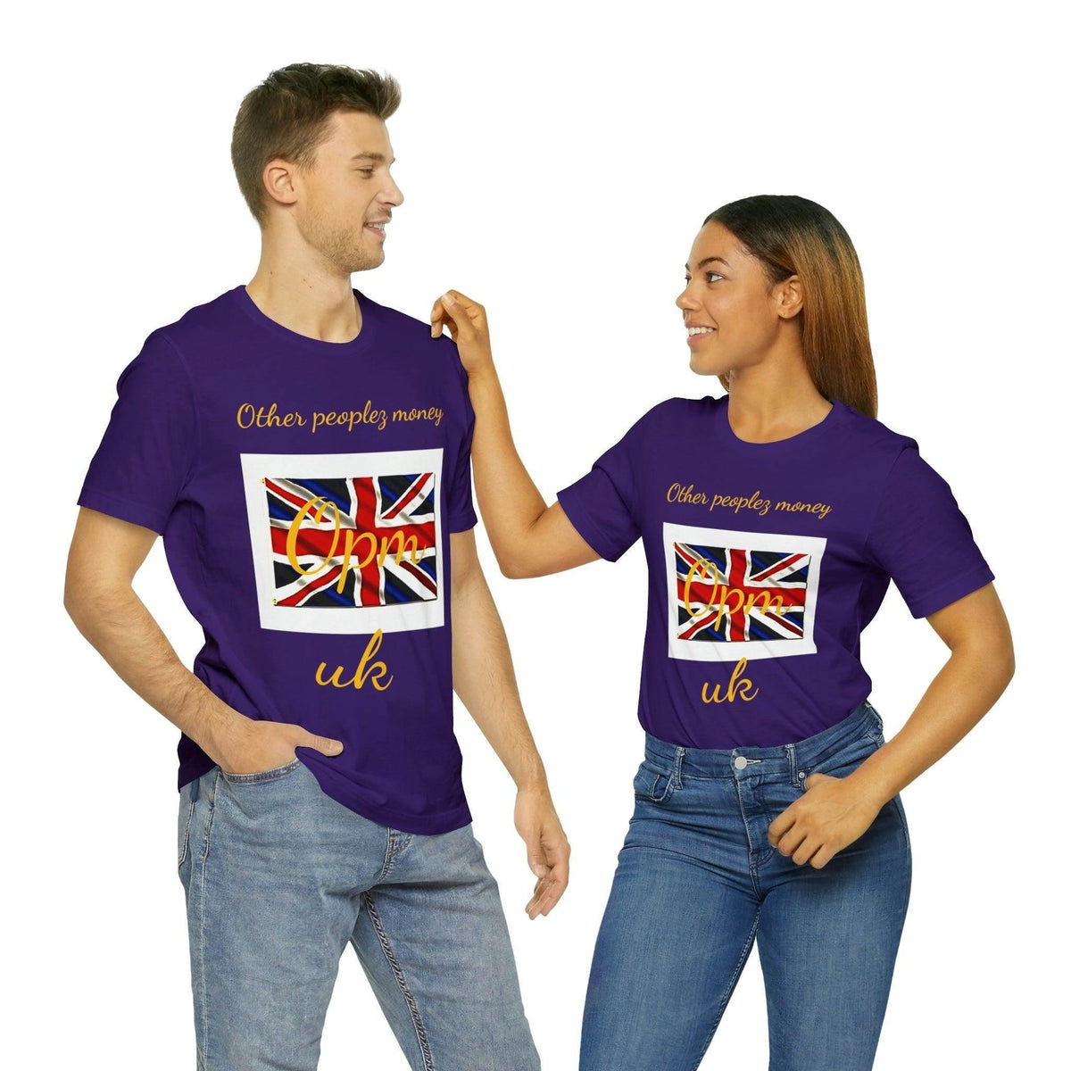 Two people wearing purple UK flag graphic t-shirts with 'Other peoplez money' text