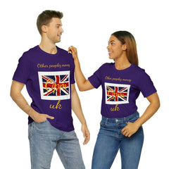 Two people wearing purple UK flag graphic t-shirts with 'Other peoplez money' text
