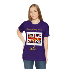 Woman wearing purple unisex t-shirt with Union Jack and gold lettering, streetwear fashion