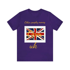 Purple short sleeve t-shirt with Union Jack flag and gold lettering reading 'Other peoplez money Opm uk'.