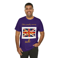 Man wearing purple t-shirt with Union Jack flag and 'Other peoplez money Opm uk' text design