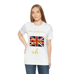 Woman wearing white short sleeve t-shirt with UK flag and gold text, streetwear fashion