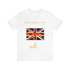 White unisex t-shirt with gold text, Union Jack flag, and 'OPM UK' design.