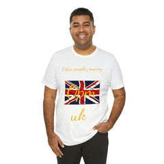 Smiling man wearing white short sleeve tee with Union Jack and gold text 'Other peoplez money Opm uk'