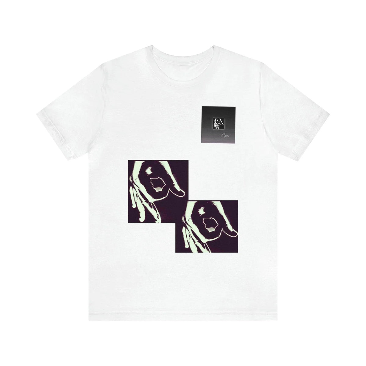White unisex short sleeve tee with graphic hand designs and small chest square print, streetwear style