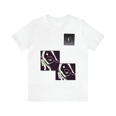 White unisex short sleeve tee with graphic hand designs and small chest square print, streetwear style