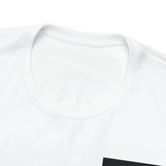 Close-up of a white unisex short sleeve t-shirt with black graphic detail