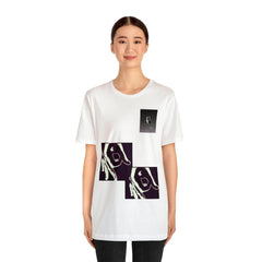 Unisex white streetwear t-shirt with abstract hand graphic print, worn by model