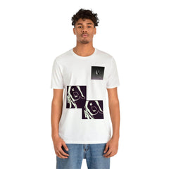 Unisex white graphic tee with abstract hand designs and square logo, casual streetwear style