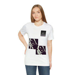 Woman wearing a white short sleeve graphic t-shirt with abstract black hand designs