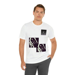 Man wearing white unisex short sleeve tee with abstract hand graphic print, urban streetwear style