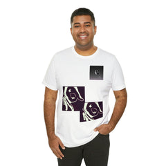 Man wearing a white unisex short sleeve tee with abstract hand graphics and black design accents