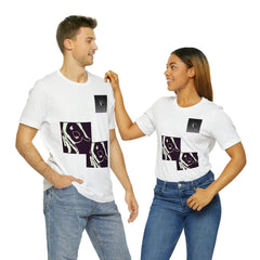 Two people wearing white graphic unisex streetwear t-shirts with abstract prints and jeans