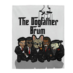 Cartoon dog in suit with mobster characters on white blanket, text 'The Dogfather Brum' above.