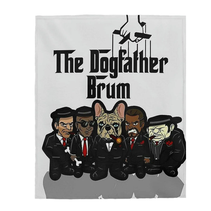 Cartoon dog in suit with mobster characters on white blanket, text 'The Dogfather Brum' above.