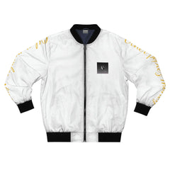 White bomber jacket with black collar and cuffs, gold script on sleeves, urban streetwear style
