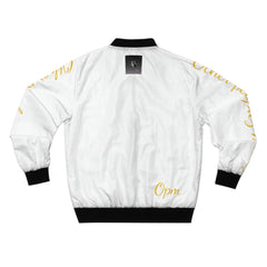 White bomber jacket with gold script details, black collar and cuffs, urban streetwear style
