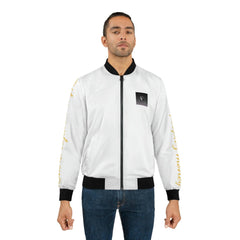 White bomber jacket with black collar, gold sleeve lettering, worn by man in jeans
