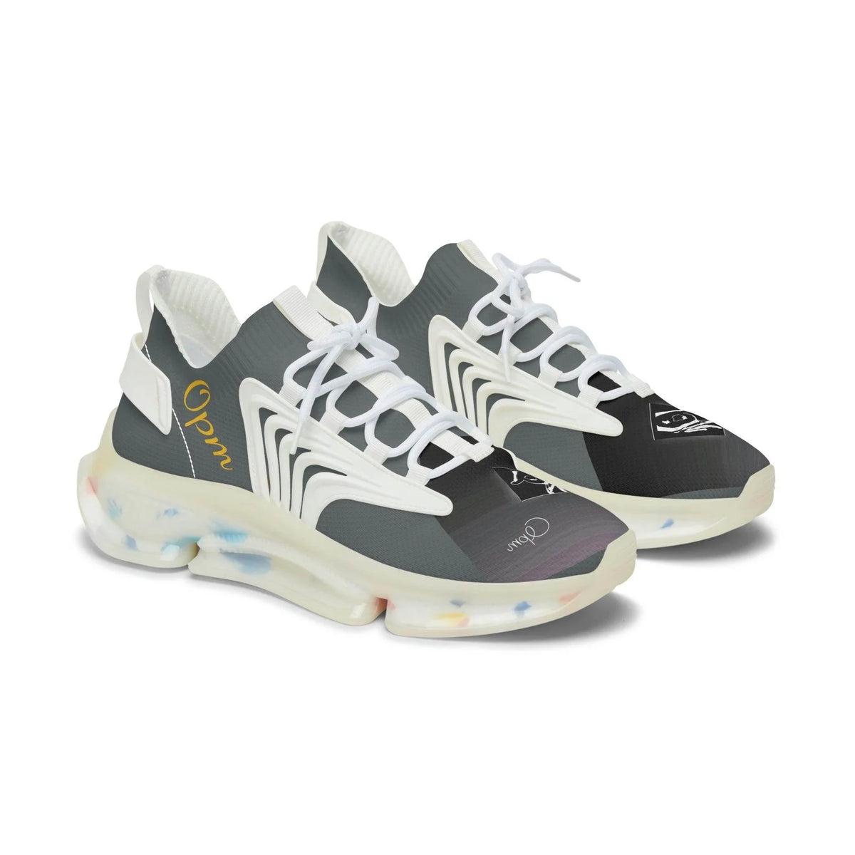 Women's mesh sneakers with white and black design, chunky sole, and decorative accents