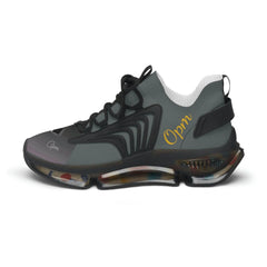 Women's grey mesh sneaker with black accents, clear multicolor sole, and 'Opm' text on side