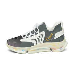 Women's grey and white mesh sneaker with 'Opm' text, chunky sole, and colorful accents