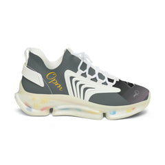 Women's mesh sneaker in gray with white and yellow detailing, translucent sole, urban style