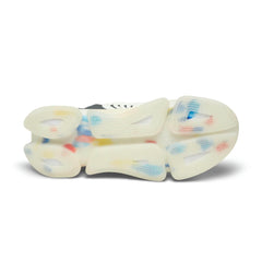 Close-up of women's streetwear sneaker sole with translucent, multicolor accents