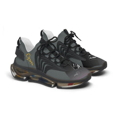 Black mesh women's sneakers with transparent sole, gold logo, and modern streetwear design