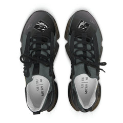 Top view of women's black mesh sneakers with eye graphic and lace-up design on white background