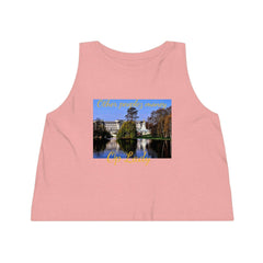 Pink women's cropped tank top with a photo print of a palace by a lake and text 'Other peoplez money Op Lady' on the front.