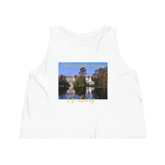 White cropped tank top with palace and pond graphic, yellow script text on front