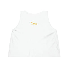 White women's cropped tank top with gold 'Opm' text on the back
