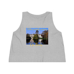 Grey cropped tank top for women with a palace and lake photo, yellow text graphic.