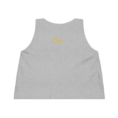 Gray women's cropped tank top with yellow 'Opm' text on back