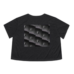 Black women's cropped tee with abstract graphic pattern on back, urban streetwear style