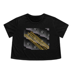 Black cropped women's tee with bold 'OP Lady' gold script and geometric graphic print