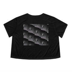 Black women’s flowy cropped tee with abstract graphic pattern on back