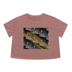 Women’s mauve cropped tee with graphic print featuring yellow Lady OPM script and abstract art