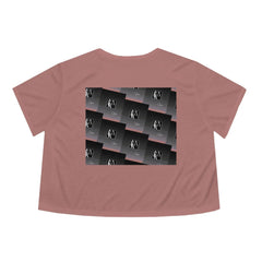 Women's mauve cropped tee with graphic black and gray geometric back print